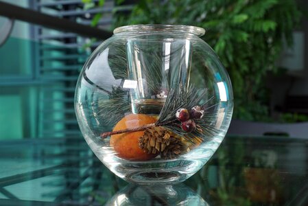 Glass bowl dried fruits pine needles