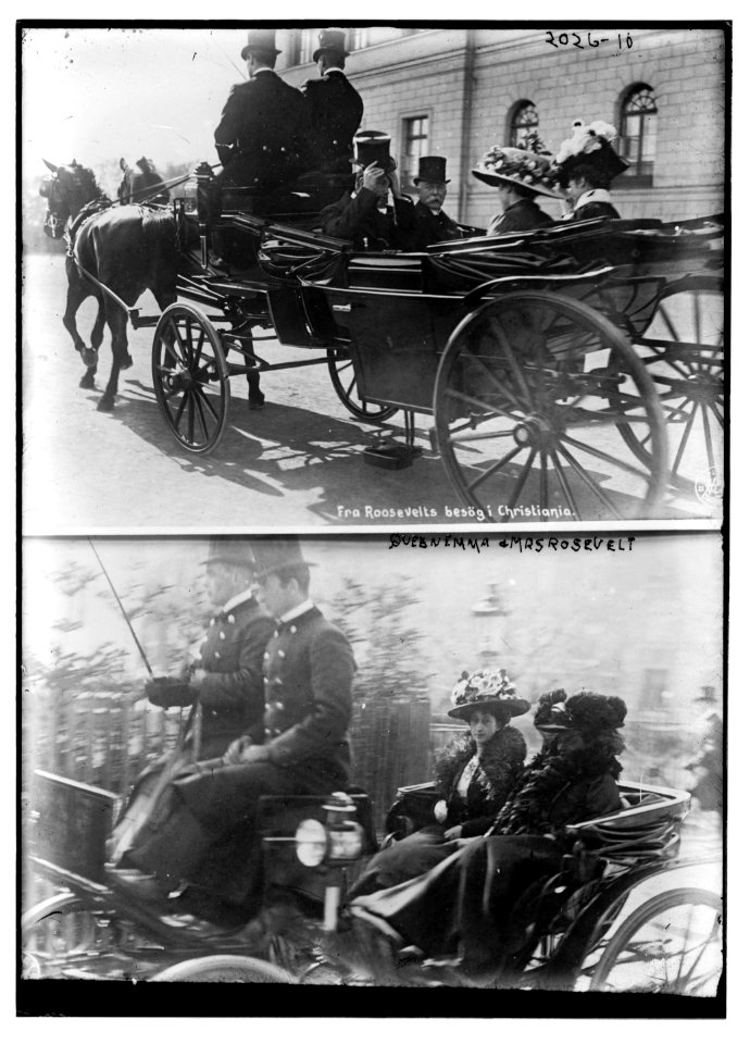Queen Emma and Mrs. Roosevelt; Top frame- both in a carriage moving away from the photographer.; Bottom frame- carriage moving alongside photographer LCCN2014688138