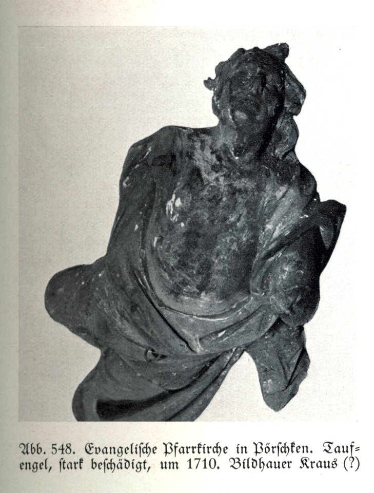 Pörschken, Evangelische Pfarrkirche, Taufengel, um 1710, Bildhauer Joseph Anton Kraus (zugeschrieben)