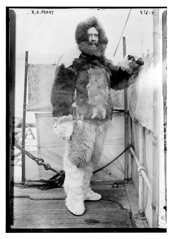 R.E. Peary, on deck of Roosevelt in fur parka, with binoculars LCCN2014684195 photo