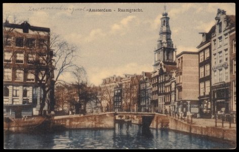 Raamgracht gezien vanaf de Zwanenburgwal met zicht op Zuiderkerkstoren. Uitgave B. Brouwer, Amsterdam no. 222, Afb PBKD00232000002