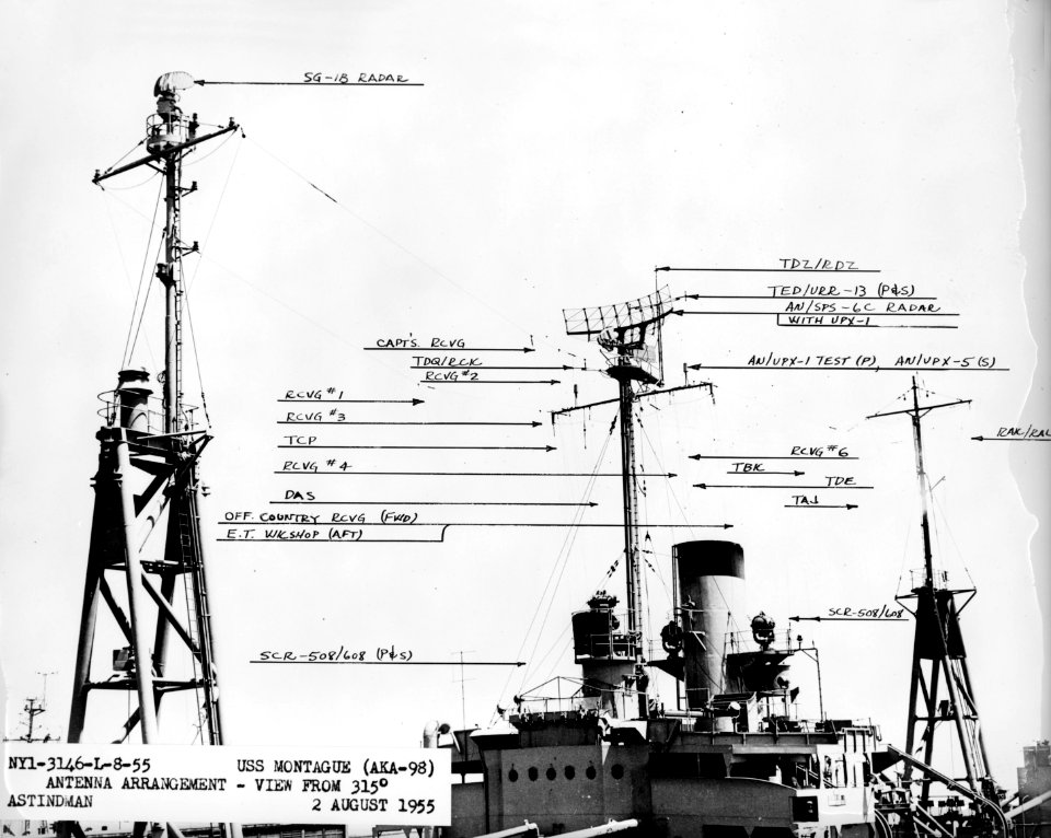 Radar arrangement aboard USS Montague (AKA-98) in August 1955