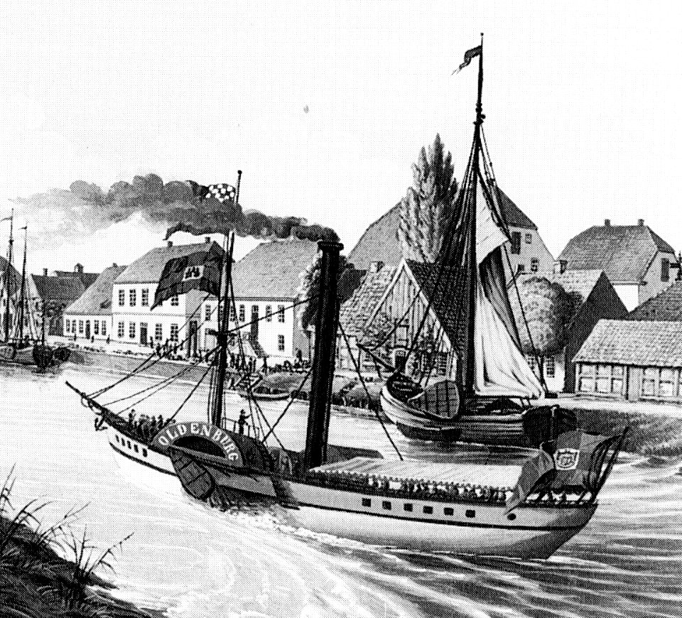 Raddampfer OLDENBURG um 1848 auf der Hunte am Stau, Stadt Oldenburg. Im Hintergrund offenbar die Anlegestelle