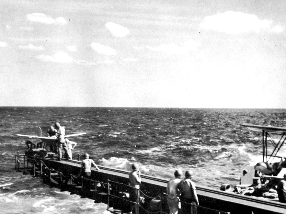 Radioplane TDD target drone on catapult of USS Biloxi (CL-80) c1944