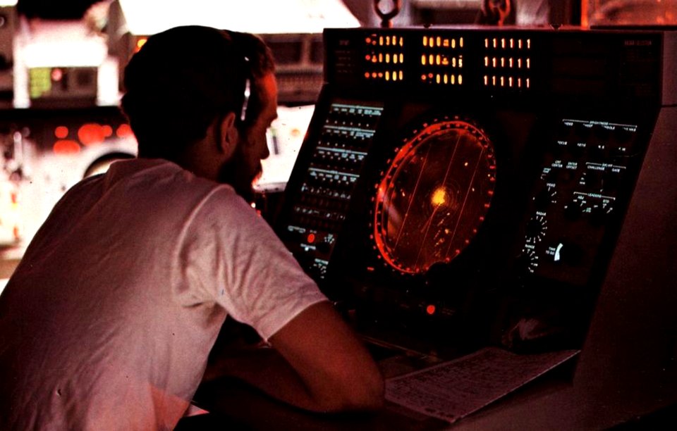 Radar screen aboard aircraft carrier USS Coral Sea (CVA-43), circa in 1972