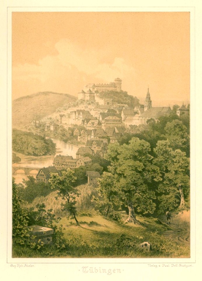 R Stieler - Blick auf Tübingen vom südlichen Österberg Farblithographie 1878