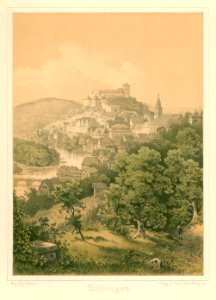 R Stieler - Blick auf Tübingen vom südlichen Österberg Farblithographie 1878
