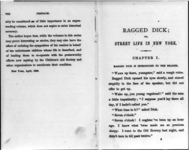 Ragged Dick by Horatio Alger, Jr. (Boston, Loring, 1868)- preface to end (p. 18), no illus. LCCN2006687131