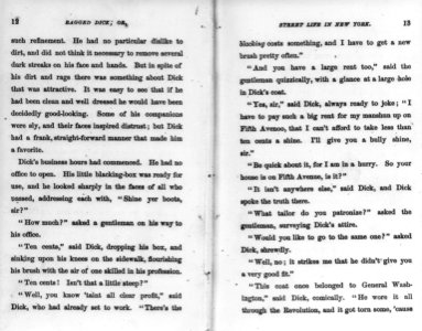 Ragged Dick by Horatio Alger, Jr. (Boston, Loring, 1868)- preface to end (p. 18), no illus. LCCN2006687133
