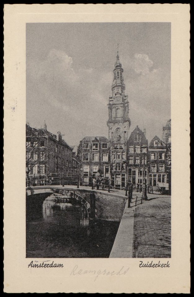 Raamgracht met zicht op Zuiderkerkstoren en op de voorgrond de Groenburgwal. Uitgave Firma Vigevano, amsterdam, Afb PBKD00232000005