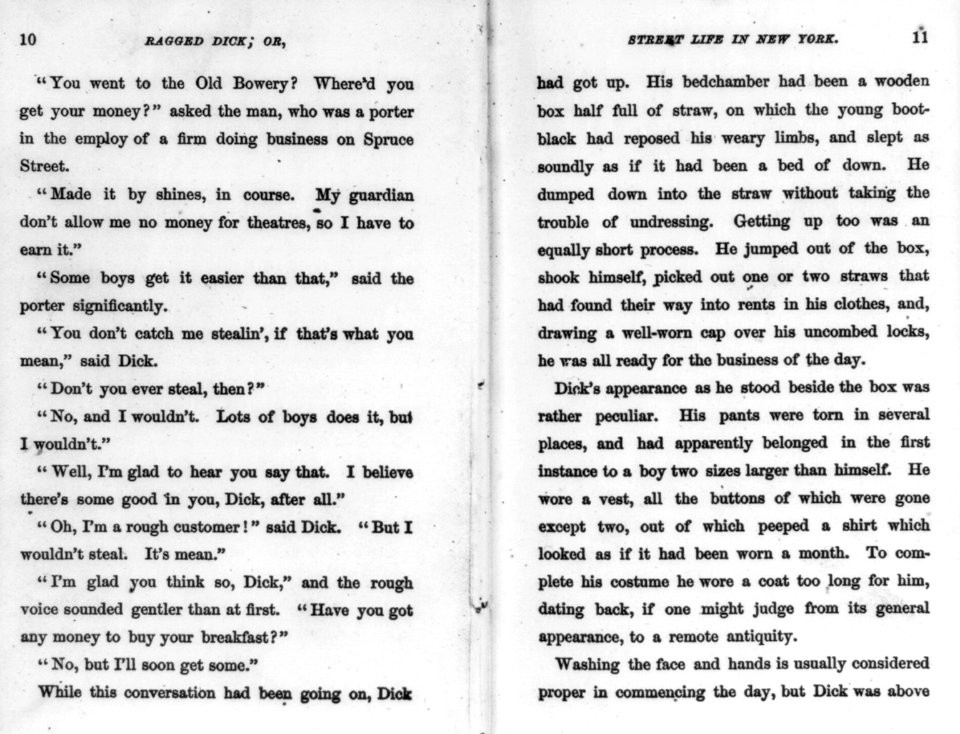 Ragged Dick by Horatio Alger, Jr. (Boston, Loring, 1868)- preface to end (p. 18), no illus. LCCN2006687132