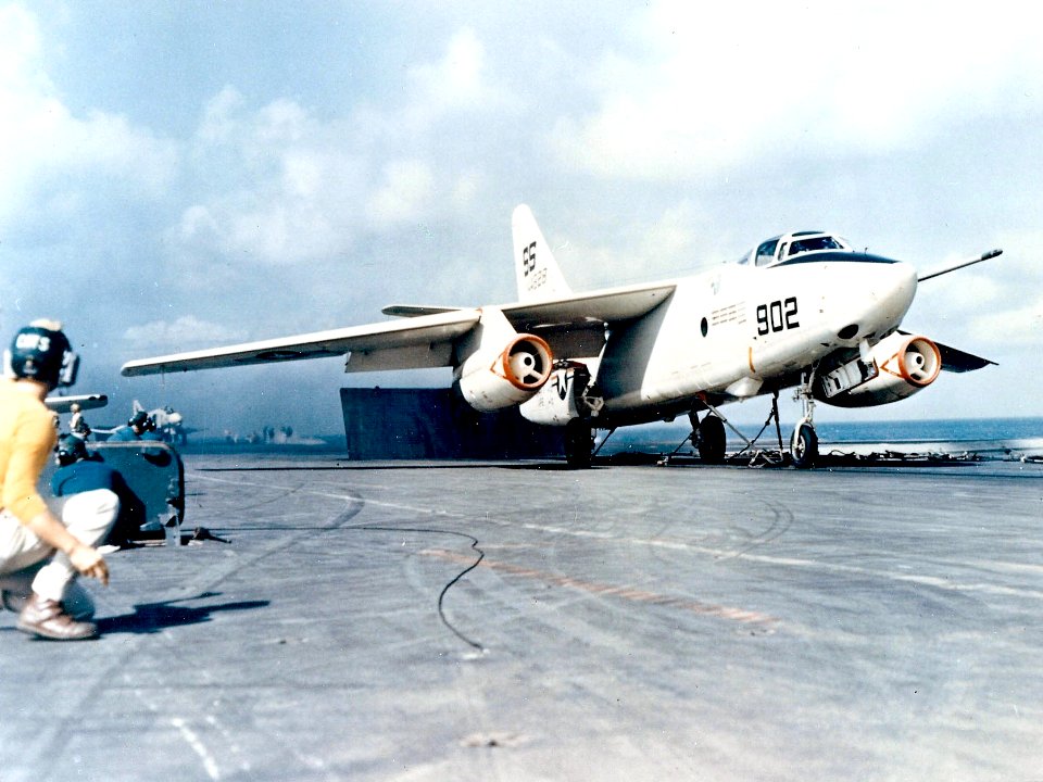 RA-3B Skywarrior on catapult of aircraft carrier c1966