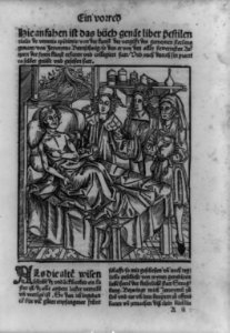 Plague victim in bed pointing out to three physicians the swell or boil under his armpit LCCN92517397