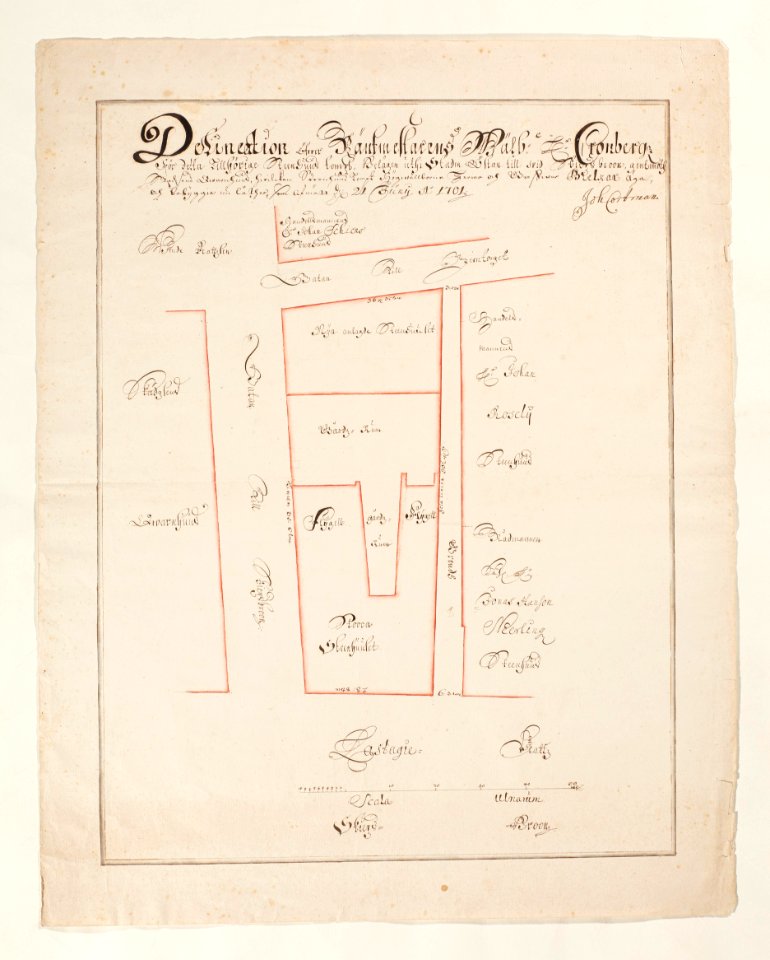 Plan över stadskvarter, gator med gatunam. Hus markerade med rött, ägare angivna, från 1701 - Skoklosters slott - 98091
