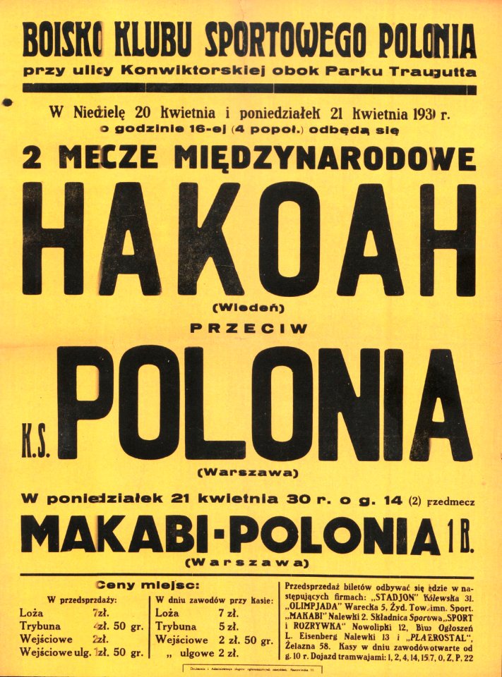 Plakat mecz piłki nożnej Hakoah Polonia Stadion Polonii 20 i 21 kwietnia 1930