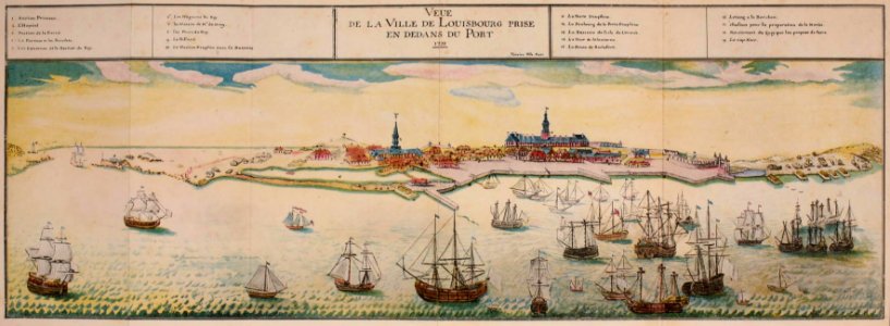 Plan de Louisbourg 1731 en panorama couleur avec navires