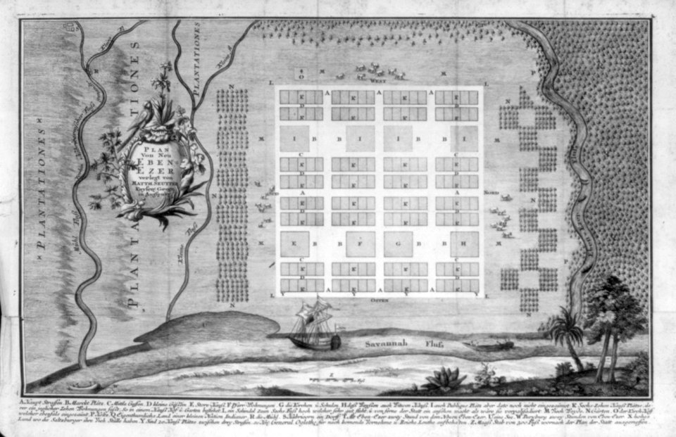 Plan of New Ebenezer, Ga., 1742, which was settled in 1736 by the persecuted Salzburgers of Bavaria at invitation of trustees of the Georgia colony; text in German LCCN2005676054