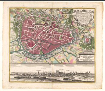 Plattegrond van Brussel met stadsgezicht Bruxeliae Begii cathol. ornamentum et ducatus Brabantiae metropolis Brussel (titel op object), RP-P-AO-17-83
