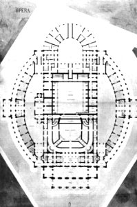 Plan of a project for the Théâtre Impériale de l'Opéra by Rohault de Fleury, November 1860 - Mead 1991 p59