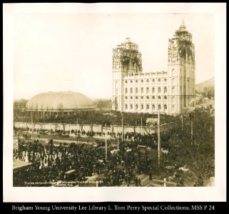 Placing the Capstone on the Mormon Temple April 6, 1892 C.R. Savage, Photo. photo