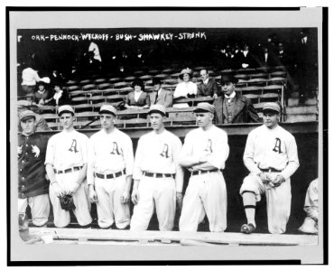 Players for the Philadelphia Athletics from left to right- Billy Orr, Herb Pennock, Weldon Wyckoff, Joe Bush, Bob Shawkey, Amos Strunk, standing in front of a dugout LCCN2004666453