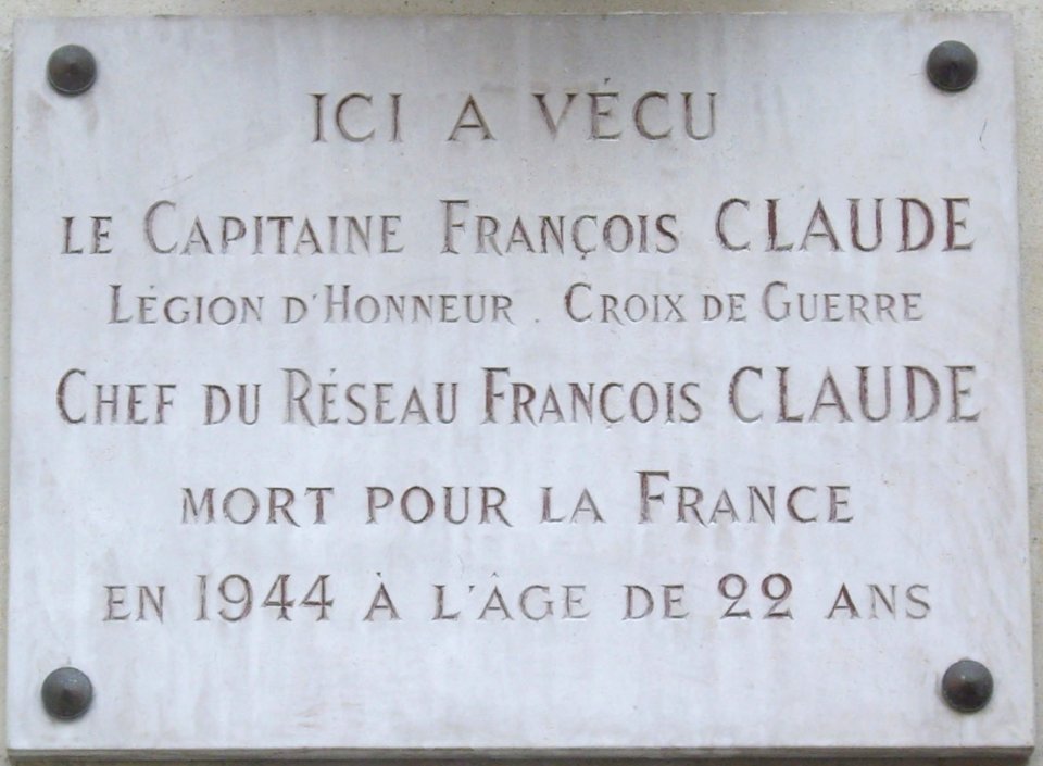 Plaque François Claude, 178 rue de Courcelles, Paris 17