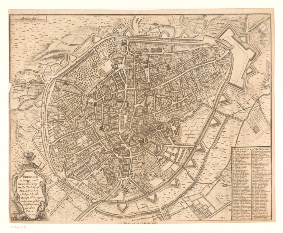 Plattegrond van Brussel Brussels a large and beautiful city in the Dutchy of Brabant (..) (titel op object), RP-P-AO-17-78