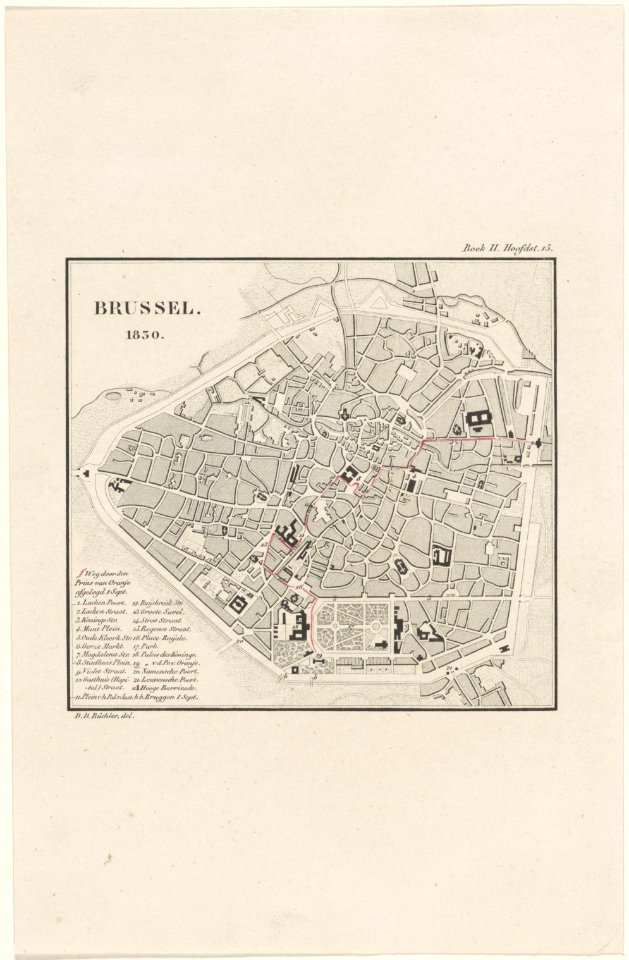 Plattegrond van Brussel met de route van de prins van Oranje, 1830 Brussel. 1830 (titel op object), RP-P-OB-88.092
