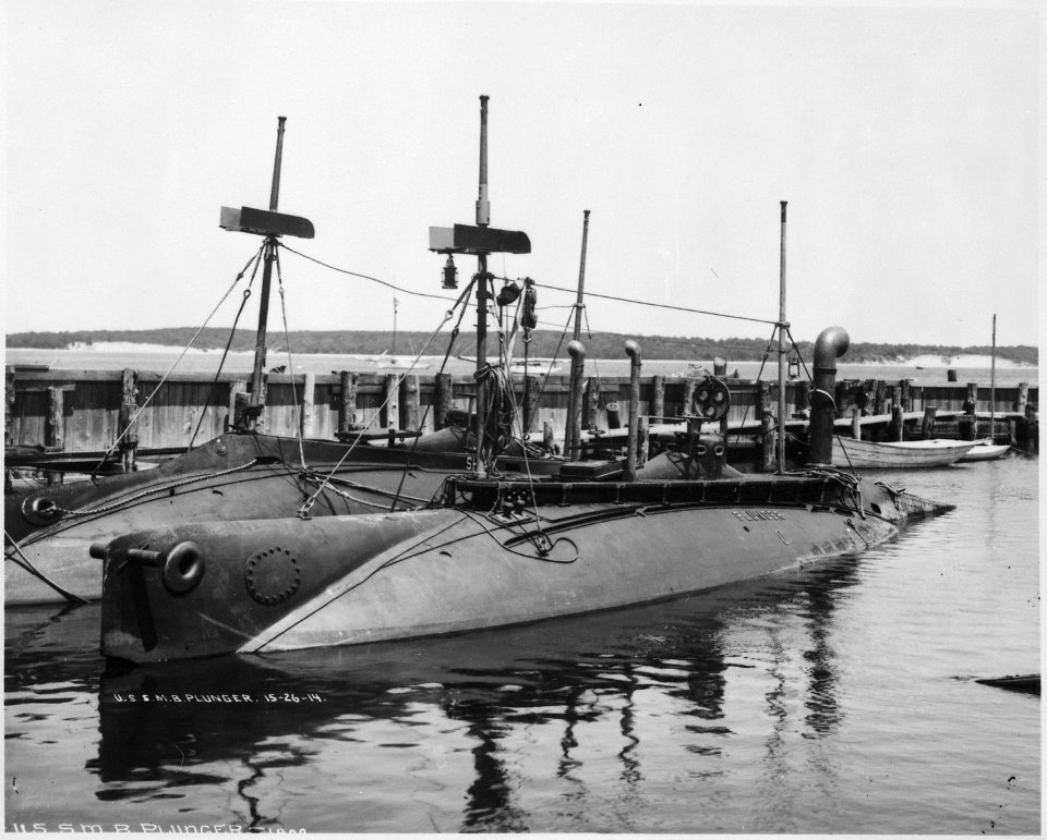 Plunger (SS2), renamed A1. Port bow, moored beside the Shark (SS8), 1902 - NARA - 512925