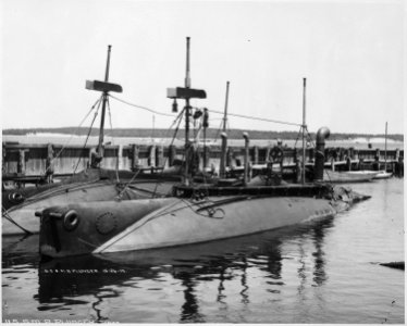 Plunger (SS2), renamed A1. Port bow, moored beside the Shark (SS8), 1902 - NARA - 512925
