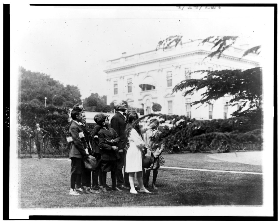 Pointing out an owls nest in the White House grounds to members of the nature study class of John Buroughs (sic) School whom he invited to the White House LCCN2002713190
