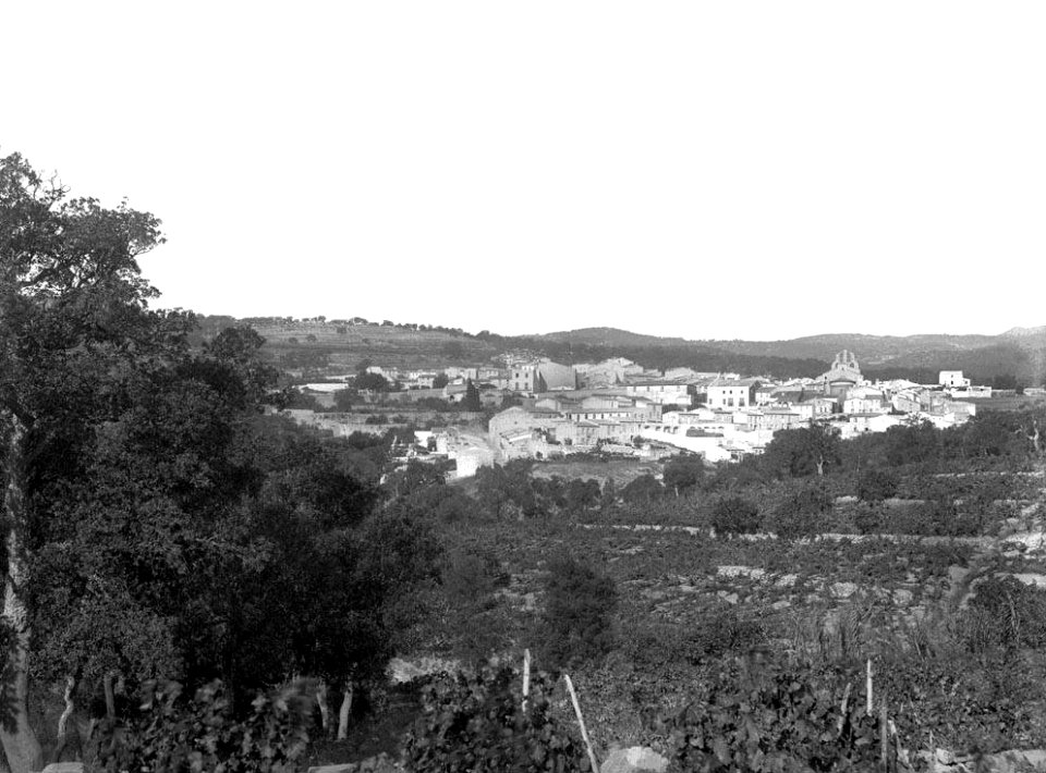 Poble d'Agullana vist des de la vinya de la carretera (Restored)