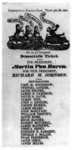 Political cartoon showing Webster, Harrison, White, and Van Buren riding hogs; below is Democratic ticket of Van Buren and Johnson and Ohio Electors - 1836 LCCN2002737237