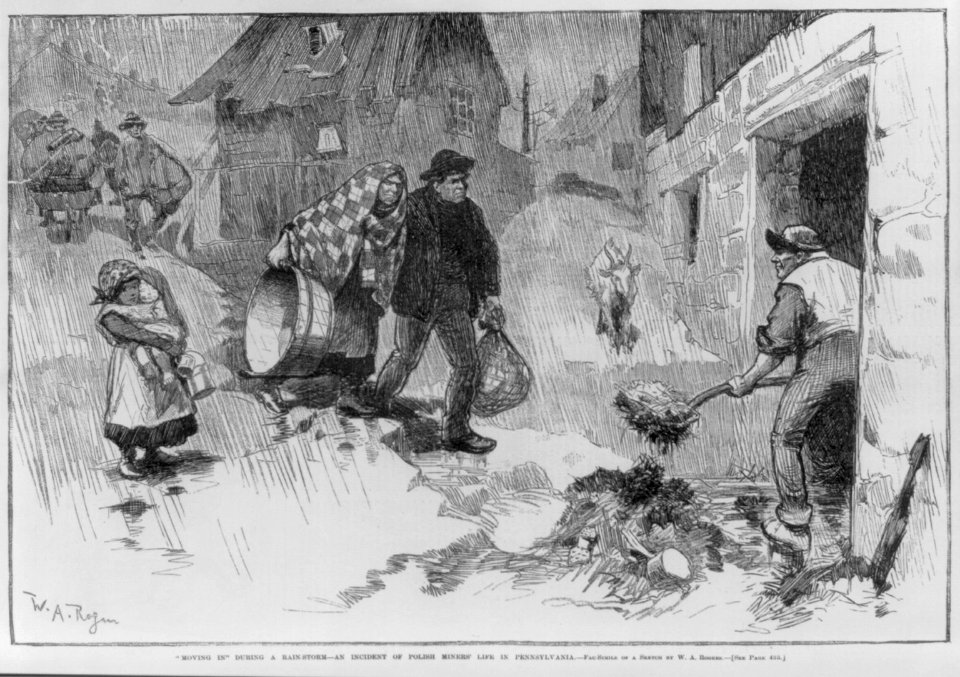 Polish miner's life. Moving in during a rainstorm - an incident of Polish miners' life in Pennsylvania LCCN2005683536