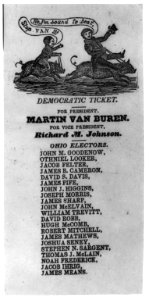 Political cartoon showing Van Buren racing on a hog; below is Democratic ticket of Van Buren and Johnson and Ohio Electors - 1836 LCCN2002737238
