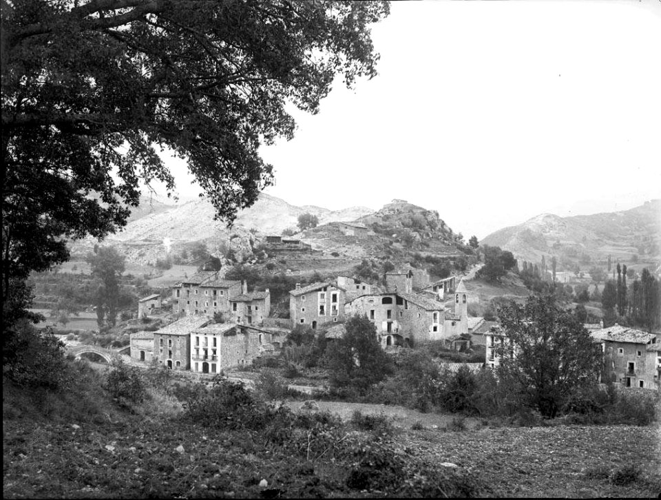 Poble Senterada entre els arbres vist desde la riba esquerra del riu