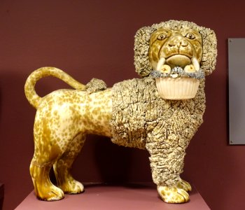 Poodle figure, United States Pottery Company, 1847-1858, flint enamel glaze - Bennington Museum - Bennington, VT - DSC09016