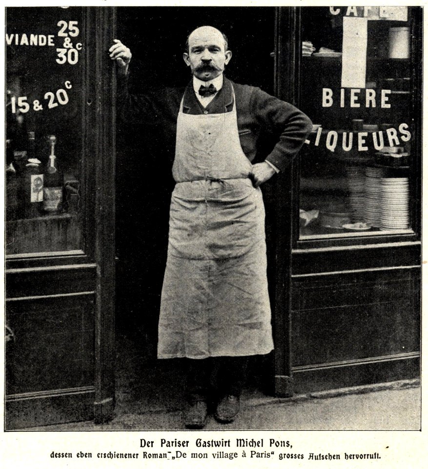 Der Pariser Gastwirt und Romancier Michel Pons vor seinem Lokal, 1911
