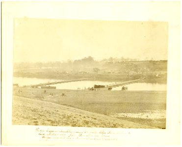 Ponton (i.e. pontoon) bridges at Franklins crossing 2-1-2 miles below Fredericksburg, Va., laid April 29th 1863 - from plain above river bottom Bridges were laid here in Decr. 1862 & in LCCN2011647796