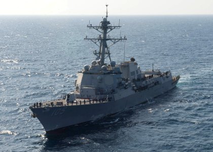 Port bow view of USS Dewey (DDG 105) with sailors manning rails in Red Sea IMCMEX 2014 US Navy 141109-N-KB426-581