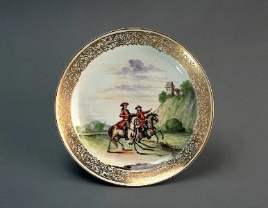 Porslin. Tallrik med ryttare och guld i dekoren - Hallwylska museet - 89157