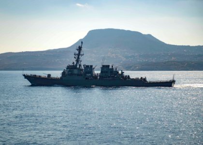 Port side view of USS Carney (DDG-64) departing Souda Bay 161021-N-GP524-236