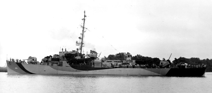 Port side view of USS Maurice J. Manuel (DE-351) in dazzle camouflage cJune 1944