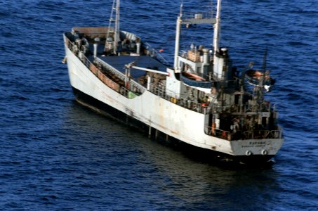 Port quarter view of Iranian minelaying ship Iran Ajr after American capture Operation Prime Chance 1986 DN-SC-87-12579