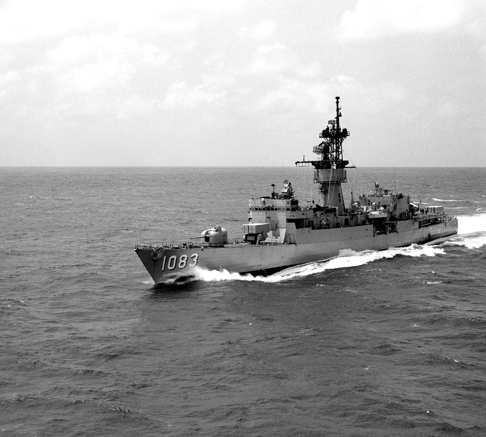 Port bow view of USS Cook (FF-1083) underway, May 1981 (DN-SN-90-11728)