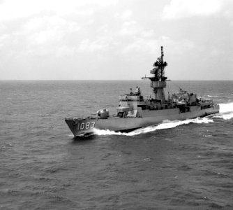 Port bow view of USS Cook (FF-1083) underway, May 1981 (DN-SN-90-11728)
