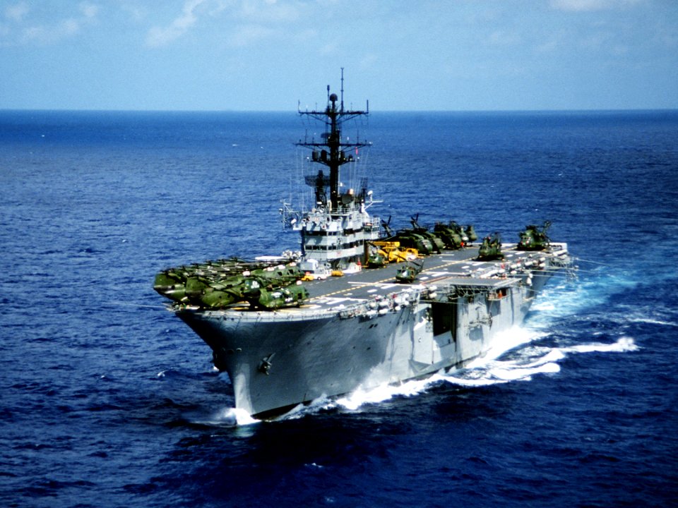 Port bow view of USS Iwo Jima (LPH-2) 1979