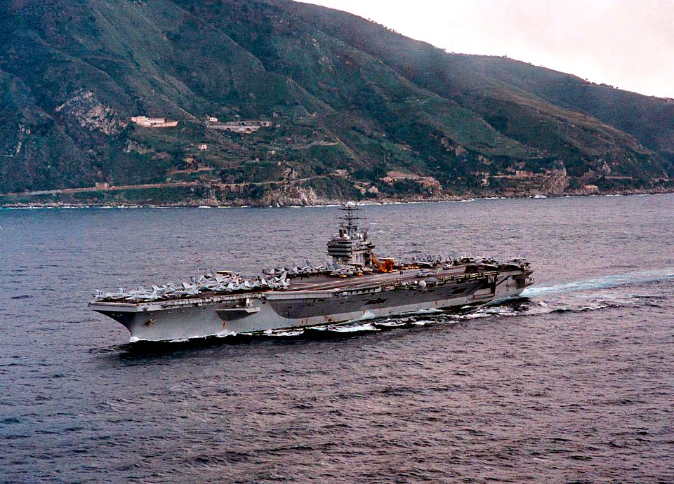 Port side view of USS George Washington (CVN-73) in the Strait of Messina 960305-N-7340V-004
