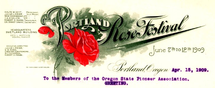 Portland Oregon Rose Festival letter April 15 1909 (letterhead)
