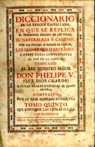 Portada Tomo V Diccionario de Lengua Castellana (1737) - AHG